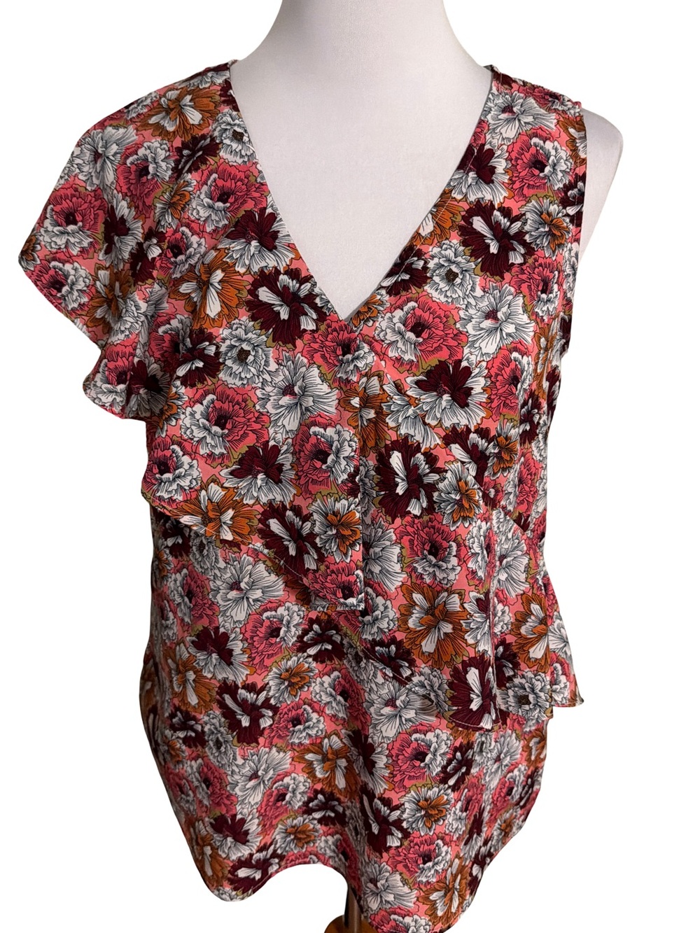 Banana Republic Floral V-Neck Ruffle Shell Pink Brown White